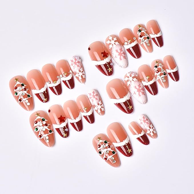 Christmas Press on Nails Medium Almond French Tip Fake Nails Xmas Tree Stick On Nails with 3d Star Pearl Rhinestones Designs Winter Snowflake Full Cover False Nails for Women Manicure Decoration 24pcs