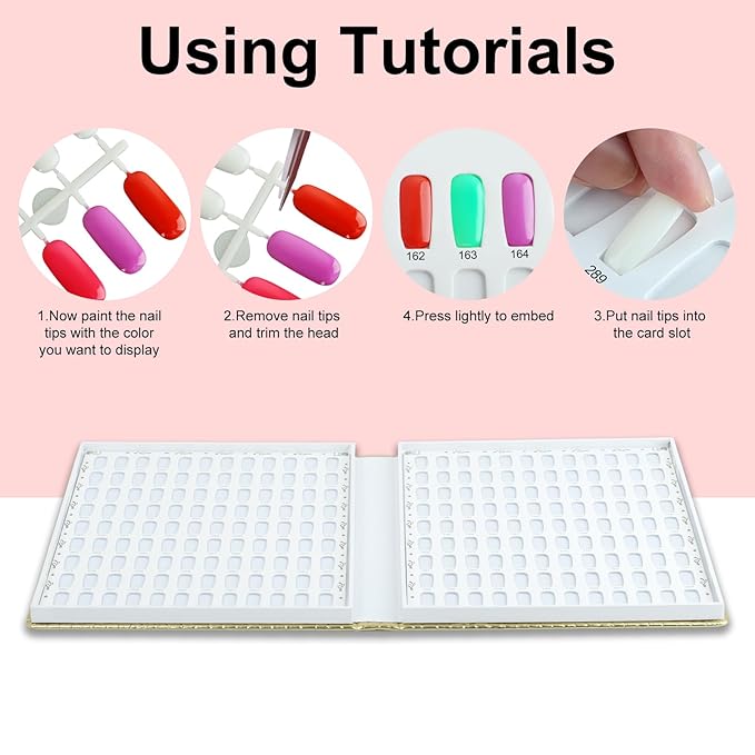 216 Nail Color Book,Nail Color Display Book with 240 Nail Tips & 1-300 Number Labels,Professional Nail Color Swatches Book for Gel Polish Nails Art Design(Gold)