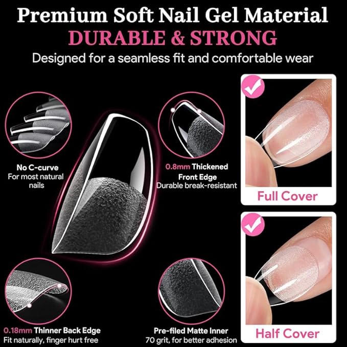 Extra Short Coffin Fake Nail Tips, 15 Sizes 240 PCS Clear Half Matte Press On False Nail Pre-shaped Half Soft Cover Gel Nail Tips Extensions Thick Long Lasting for DIY Beginners & Salon Manicure