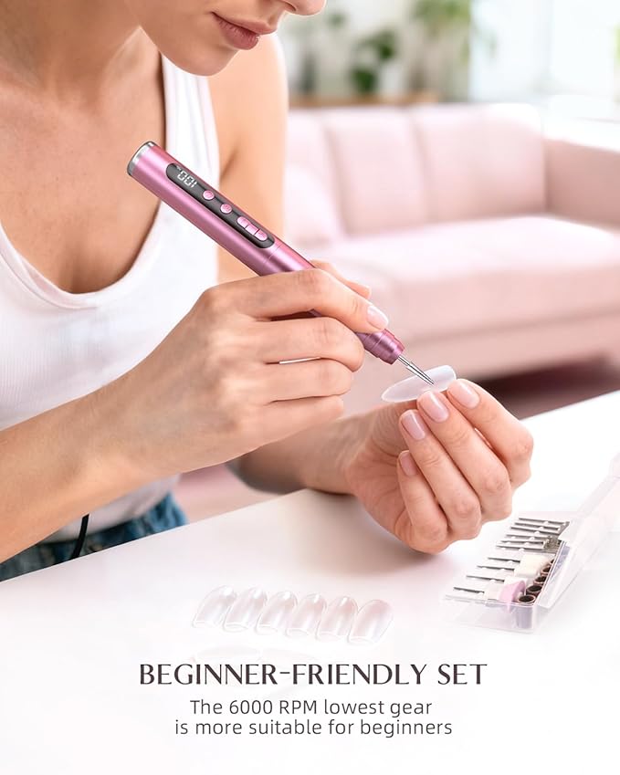 JOREST 13-in-1 Cordless Electric Nail Drill Kit with LED Display, 35,000 RPM 6-Speed Rechargeable Manicure Tool for Acrylic Gel Nails, Nail File with Bits & Sanding Bands for Beginners, Rose Pink