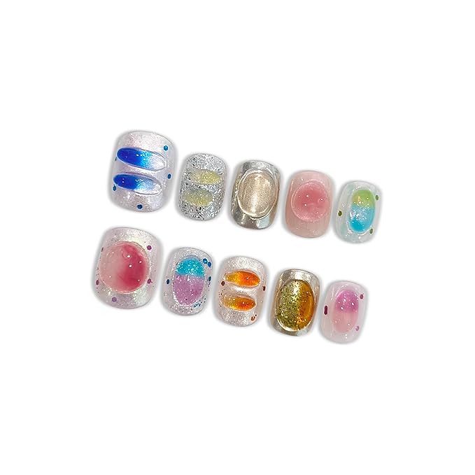 Press on Nails, Short Round Fake Nails in Dopamine Colors, 3D Candy Decor & Icy Translucent Glitter, 10 Pcs Handmade Nails Sweet Style for Daily Commute, Party & Holiday Events(Size XS)