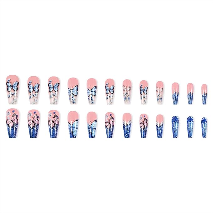 Butterfly Press on Nails Coffin Long Fake Nails With Blue Pink Butterfly Designs Blue French Tip Nails Press ons Acrylic Pink Full Cover Glue Stick on Nails for Women 24 Pcs