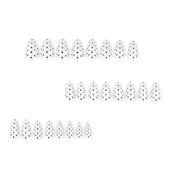 White Almond Press On Nails Short, Cute Fake Nails with Black Polka Dot Detail Design, Glossy Gel Finish Acrylic Nails, Classic Reusable Glue On Nails Kit for Women, 24Pcs