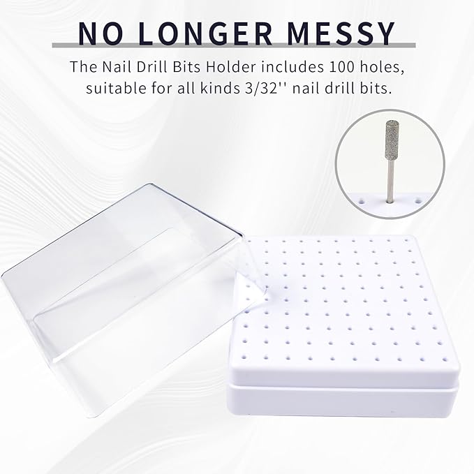 Nail Drill Bits Holder & Nail Drill Bits Cleaning Brush, 100 Holes Nail Bit Holder, Dustproof Nail Art Drill Bits Display Storage Box, Nail Drill Bit Holder for Nail Tech (White)