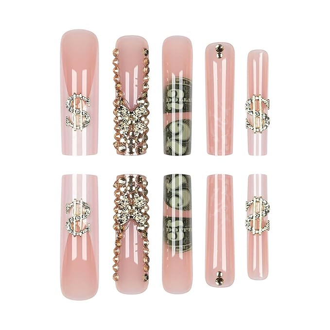 Extra Long Press on Nails Square Fake Nails French Tip False Nails with Gold Charms Designs Long Nails Press ons Sparkly Artificial Glossy Glue on Nail Cute Stick on Nail for Women 24Pcs