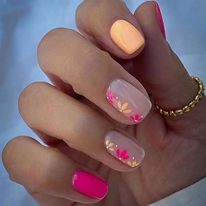 Square Press on Nails Short Fake Nails Rose Red Yellow Flowers Design Glue on Nails Flower Acrylic Nails Press ons Rose Red Full Cover False Nails Glossy Stick on Nails for Women Girls 24 Pcs