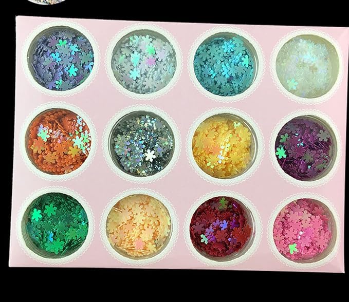 Nail Art 3D Glitter Sequins Nails Shining Flakes Acrylic Powder Dust Chunky Flake for Nails Decoration Manicure Tips 12Colors (12 Colors Snowflake Sequin)