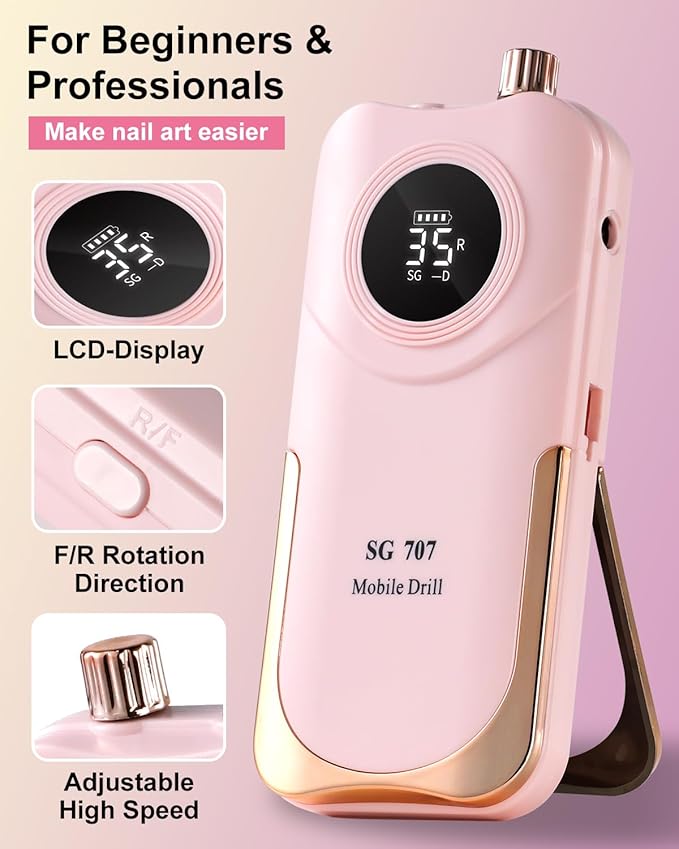 Professional Electric Nail Drill Kit 35000RPM with 14PCS Bits Pink Portable Rechargeable Cordless File Machine for Acrylic Gel Powder Nails and Manicure Pedicure Toenail Tool Salon Set