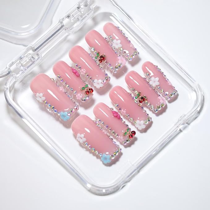 10Pcs Duck-shaped Handmade Press On Nails | French Style with 3D Floral & Rhinestone Decor | Easy to Apply, Remove & Reusable, Salon - Quality (251001, S)