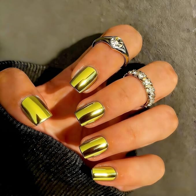 Chrome Press on Nails Short Square, Metallic Gold Fake Nails with a Sparkle Mirror Finish, Glitter Glue on Nails for Women Birthday Party, Thick Quality Soft Gel Nail Press ons 30 Pcs