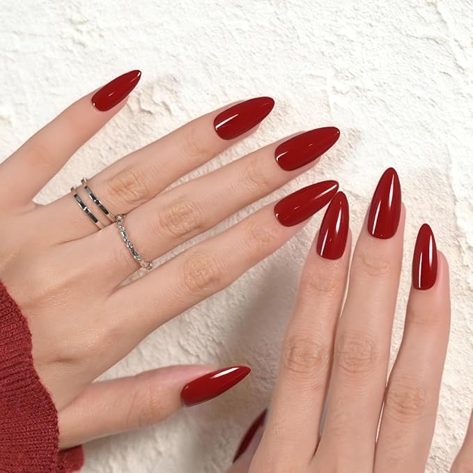 Wine Red Press On Nails Almond - Medium Dard Red Acrylic Nails Press Ons, Glue On Nails for Party Birthday Holiday Valentines Gift in 15 Sizes - 30 Fake Nails Kit, Dark Red