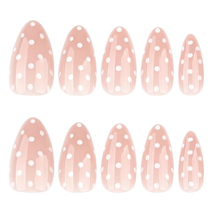 Press on Nails Medium Almond MABKJLF Fake Nails False Nails with White Polka Dots Designs Glossy Glue on Nail Reusable Full Cover Acrylic Nails for Women Girls 24Pcs