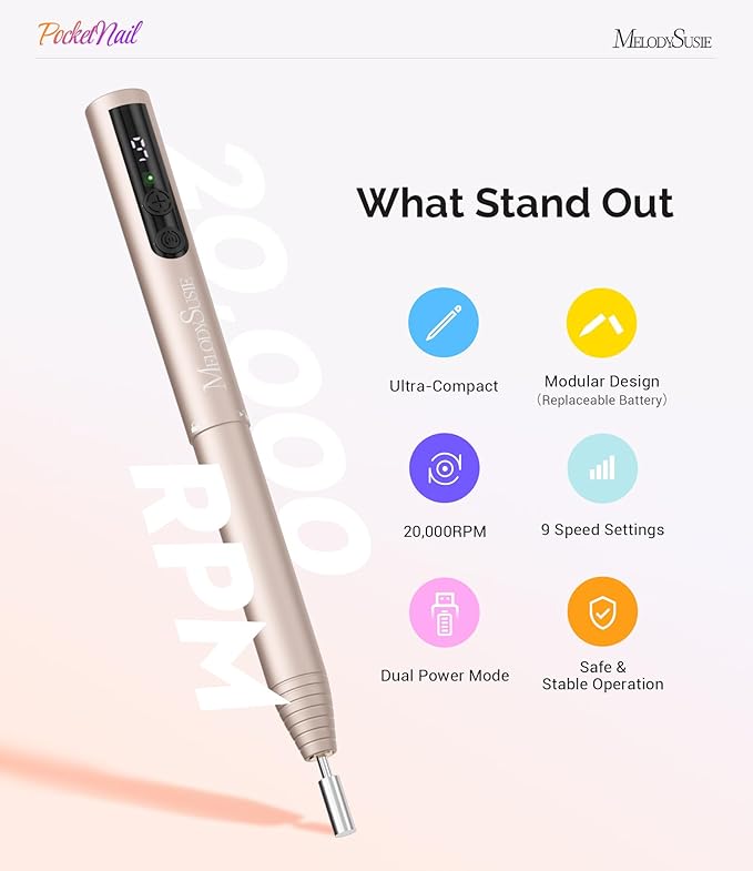MelodySusie PocketNail Pen-Shaped Cordless Modular Nail Drill, PC100GR 20000RPM Slim Portable Rechargeable Electric File for Manicure Pedicure Nail Care, Shaping & Gel Removal at Home for Beginners