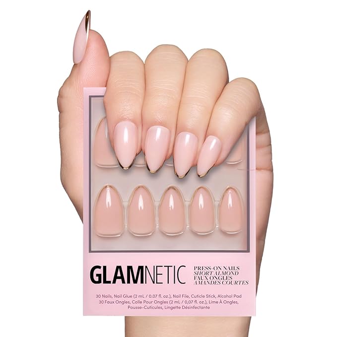 Glamnetic Press On Nails - Gold Standard | Semi-transparent, Glossy Gold French Tip Nails, Salon Quality | 15 Sizes - 30 Nail Kit with Glue