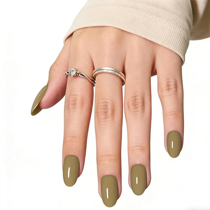 New Press On Nails,Medium Soft Gel Oval Fake Nail Kit With Nail Glue,30-Piece-15 Sizes Durable Reusable Press On Nails for Women Gift(light khaki)