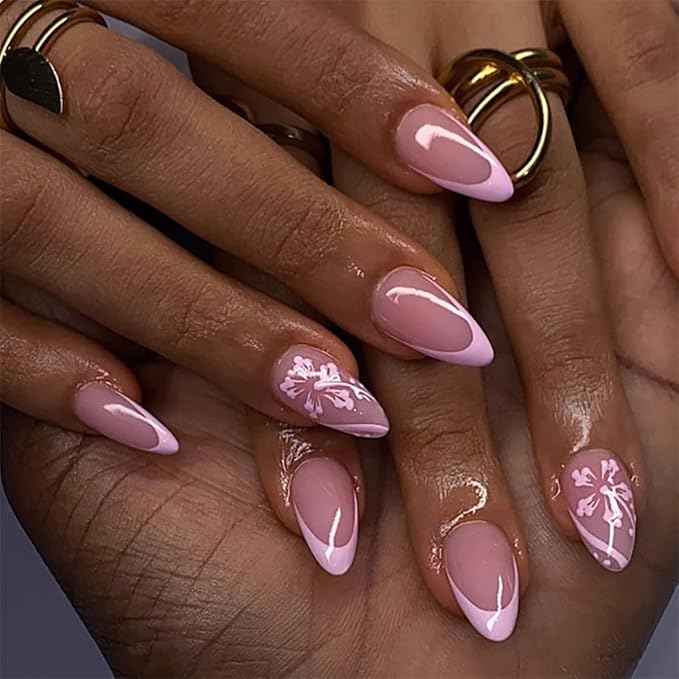 Pink Flower Press on Nails Medium Almond,Pink French Tip Fake Nails Press ons with Floral Design,Glossy Finish | Reusable | Nail Kit with Jelly Adhesive Tabs | 24 Pcs