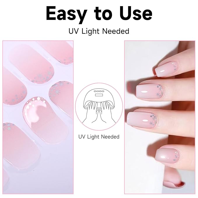 Semi Cured Gel Nail Strips, 28 pcs Gel Nail Stickers Work with Any UV Lights, Long-Lasting Nail Wraps, Stick on Nails for women Easy to Apply & Remove