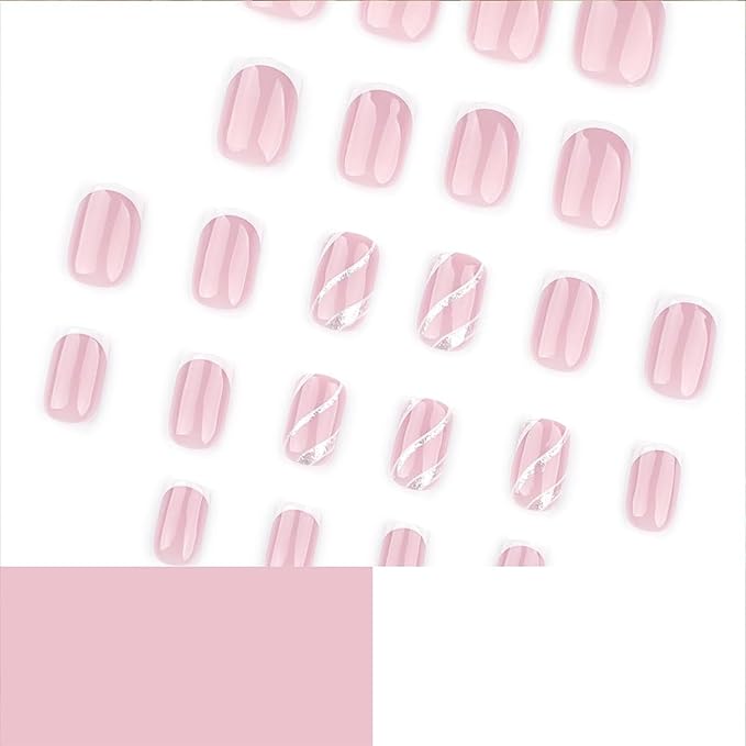 White French Tip Press on Nails Short Square Silver Lines Fake Nails Pink Stick on Nails Reusable Glossy Acrylic False Nails Press ons Artificial Glue on Nails for Women 24 Pcs