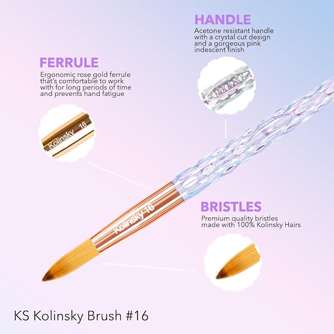 Kiara Sky Acrylic Brush #16 - Clear | 100% Pure Kolinsky | Crystal Cut Handle and Acetone Resistant