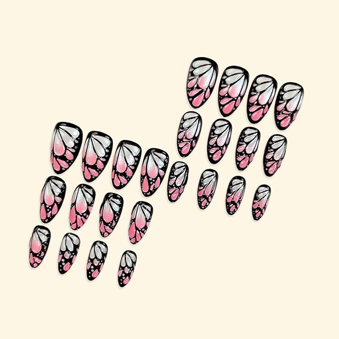 Press on Nails Medium Almond MABKJLF Fake Nails Unique False Nails with Black Butterfly Polka Dots Designs Full Cover Glossy Glue on Nail Acrylic Nails for Women Girls 24Pcs