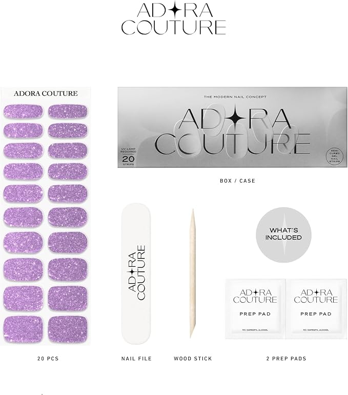 Semi-Cured Gel Nail Strips - 20 Salon-Quality Gel Sticker with UV Light Required, Long Lasting, Easy Application & Removal, Includes Prep Pad, Nail File, Wooden Stick (Purple Twinkle)
