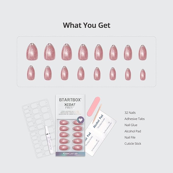 BTArtbox Press On Nails Almond - Gilded Cheer, Lamp-Curable Short Glitter French Tip Press On Nails with Glue and Adhesive Tabs for Women in 16 Sizes - 32 Soft Gel Glue On Nails Kit