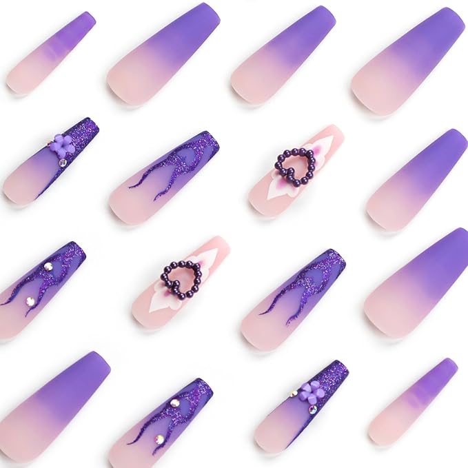 24Pcs CEWEWP Purple Press on Nails Long Coffin False Nails with Pearl Charm Rhinestone Design Glossy Stick on Nails for Women
