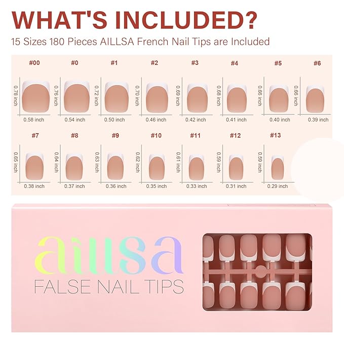 AILLSA French Gel Nail Tips, 192 Pcs Short French Tip Press On Nails Brown, Pre-Applied Primer & Base Coat, No Need File, French Nails Tips Square, Fake Nails with Designs DIY for Women Gift 16 Sizes
