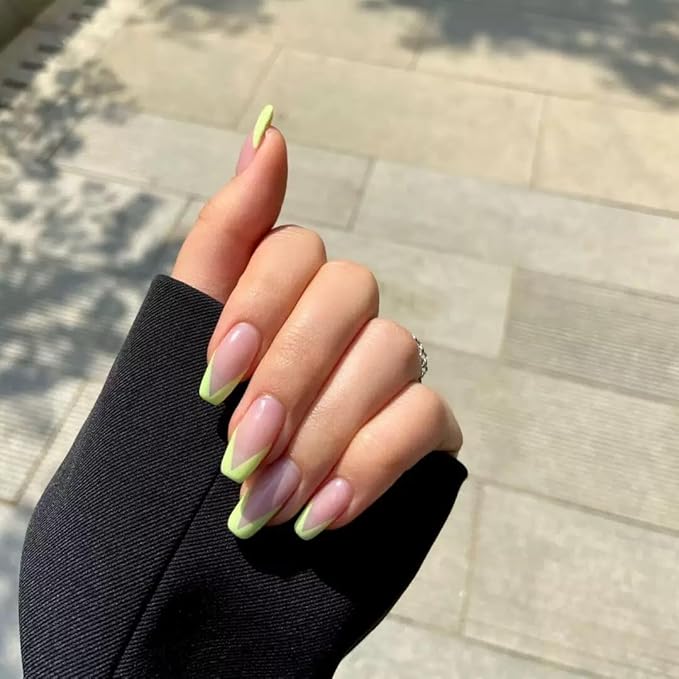 press on nails [24 Pack] Push On Green Beveled French French Nails | Reusable Slides | Thin and Breathable | Comes with Tool Bag | Fingertip Art (Daily, Party, Wedding, Gift)
