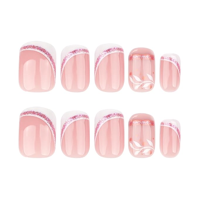 French Press On Nails Short Square, Nude Fake Nails with White French Tip and Minimalist Purple and Gold Line Design, Glossy Gel Finish Acrylic Nails, Natural Reusable Glue On Nails for Women 30Pcs
