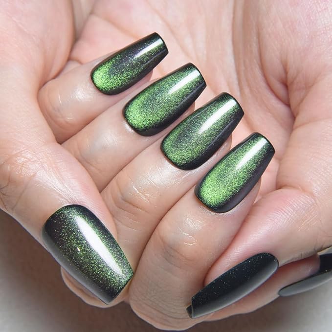 evpct Emerald Green Cat Eye Coffin Press on Nails Square Medium, Medium Square Stick on Nail for Women Gift, Green Metallic Glitter Glossy Reusable Soft Gel Press on Acrylic Fake Nail with Designs