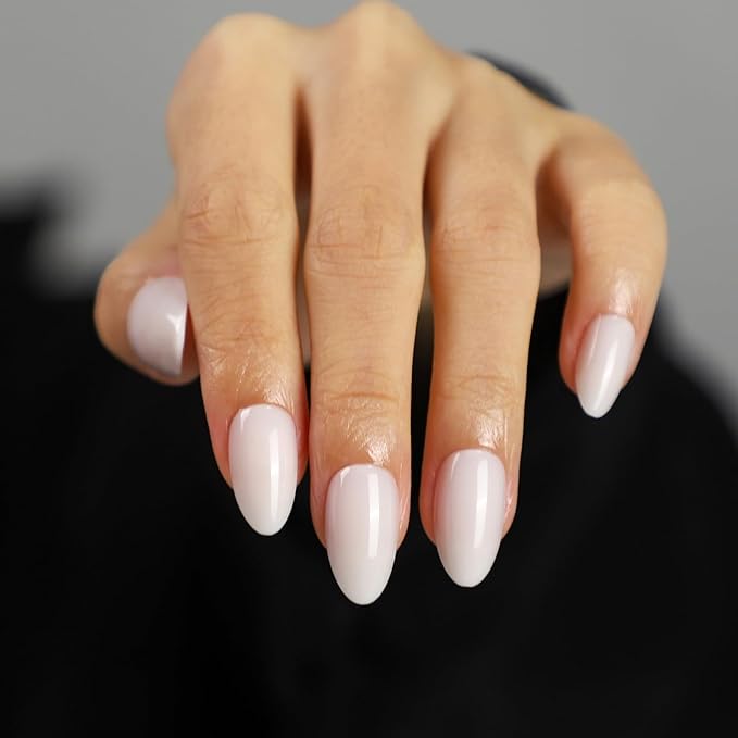 Milky Pink Gel Press On Nails Almond 16 Sizes 32pcs Short Fake Manicure Glossy for Daily Wear, Nail Glue Included (Ivory)