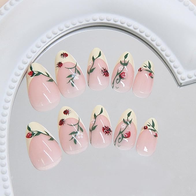 Yellow French Tip Press on Nails Almond Fake Nails with Ladybug Green Leaves Design Short False Nail Press ons Reusable Artificial Nail Glossy Full Cover Stick on Nails for Women Manicure 24 Pcs