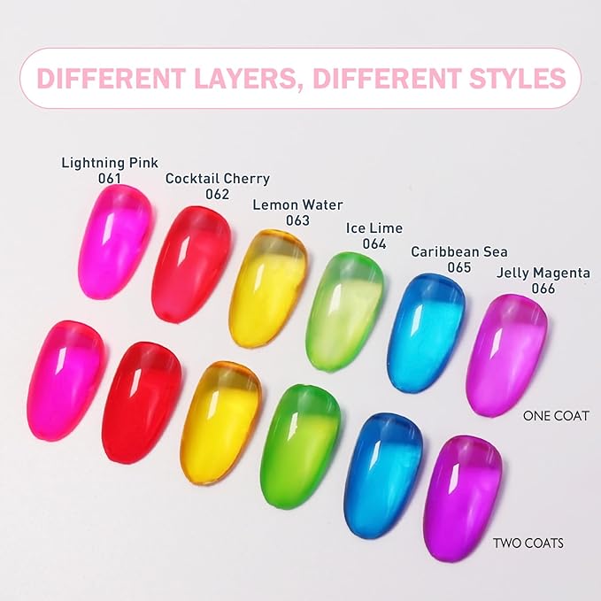 VARNAIL Rainbow Candy Jelly Gel Nail Polish Kit 6 Colors & Gift Base Top Coat, Translucent Rainbow Sheer Gel Polish Kit, Soak off UV Light Gel Nail Polish