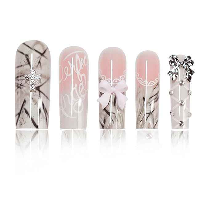 Square Press on Nails Extra Long Fake Nails French Tip Ombre Acrylic False Nails with Charms Bow Designs Long Glue on Nail Marble Artificial Nails Glossy Stick on Nail for Women