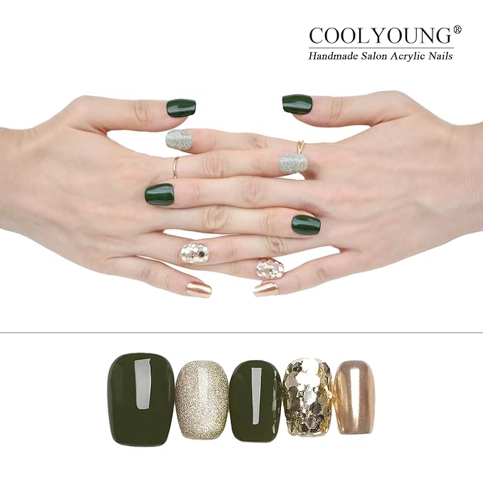 COOLYOUNG Olive Green Gold Glitter Press On Nails Salon Quality Short Reusable Artificial Nails with Cat Eye, 25 PCS Handmade Nails