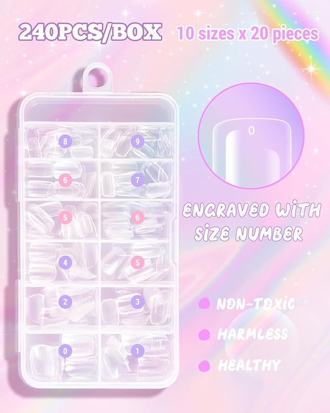 krofaue Kids Nail Tips - 240pcs Children Square Clear Press On Nails for Little Girls 10 Sizes Soft Gel Tips Extensions for DIY Decoration (9-12 years old)