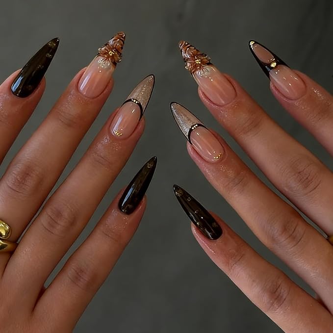 Press on Nails Medium Almond MABKJLF 3D Flower Nail Tip Fake Nails Nude French False Nails with Glitter Floral Designs Glossy Glue on Nails Full Cover Stick on Nails for Women Girls 24Pcs