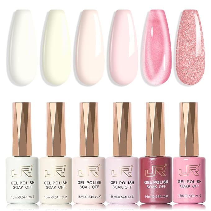 JR Gel Nail Polish Set, 16ml Full Size Bottle 6 Colors Milk White Pink 9D Cateye Glitter Nail Gel Polish Gift Soak Off Led Nail Art Kit Salon DIY Colorful Bottle A