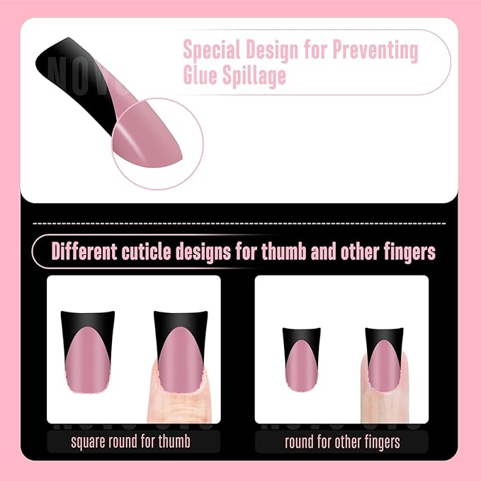 NOVO OVO Halloween Black French Tip Short Duck Nail Tips Press on, BERRY PINK Pre-designed Soft Gel Nail Extension, Extra thick Full Cover Matte Vrial False Nails for Salon DIY x 12 Sizes 240 pcs