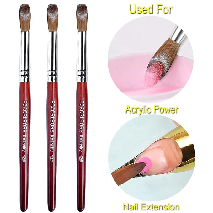 Acrylic Nail Brush with Pure Kolinsky Sable Hair and Red Wood Hand, Round/Flat Professional Gel Brush for Acrylic Power and Nail Extension Size #8,10,12 (2Pack(#8))
