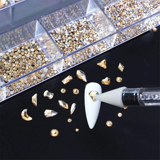 3100 Pcs Nail Crystal Kit Multi Shapes Glass Crystal Champagne Rhinestones for Nail Art Craft Mix Sizes Non Hotfix Flatback Nail Gems+ Wax Pen for Rhinestones in Acrylic Beads Storage Container