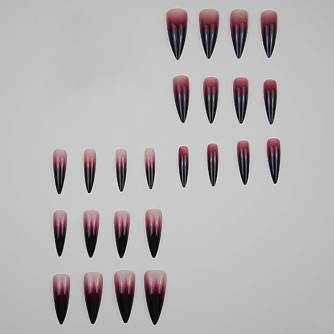 MISUD Press on Nails - Long Stiletto Fake Nails with Goth Red Black, Acrylic Gothic Ombre Design 24 pcs