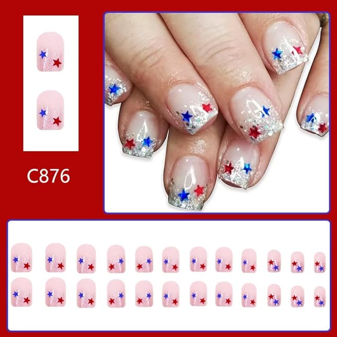 Independence Day Press on Nails Short Square Fake Nails with Red Blue Star Designs Glitter French Tip False Nails Pink Glue on Nail Reusable 4th of July Acrylic Nail for Women Girls Manicure 24Pcs