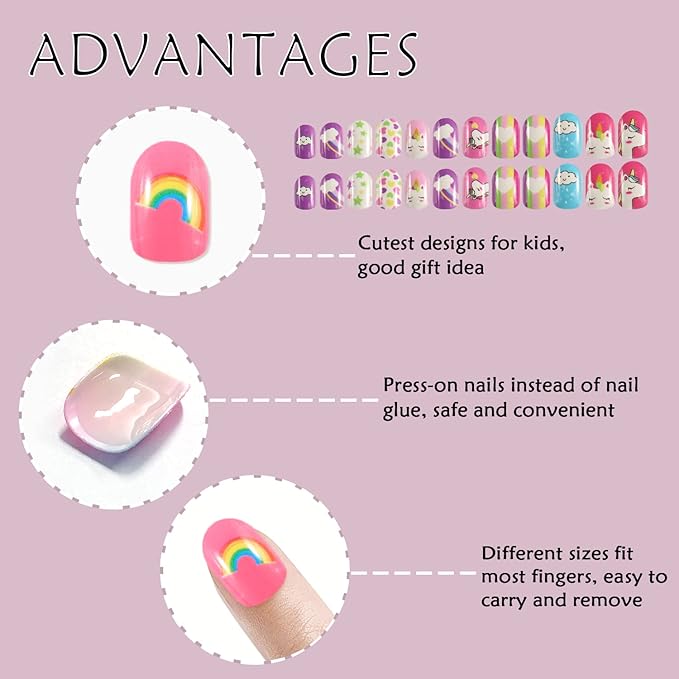 Laza 72pcs Children Nails Press On Pre-glue Full Cover Pink Yellow Blue Heart Doughnut Cloud Unicorn Short False Nail Kits for Kids Teenager Girls - Pink Rainbow