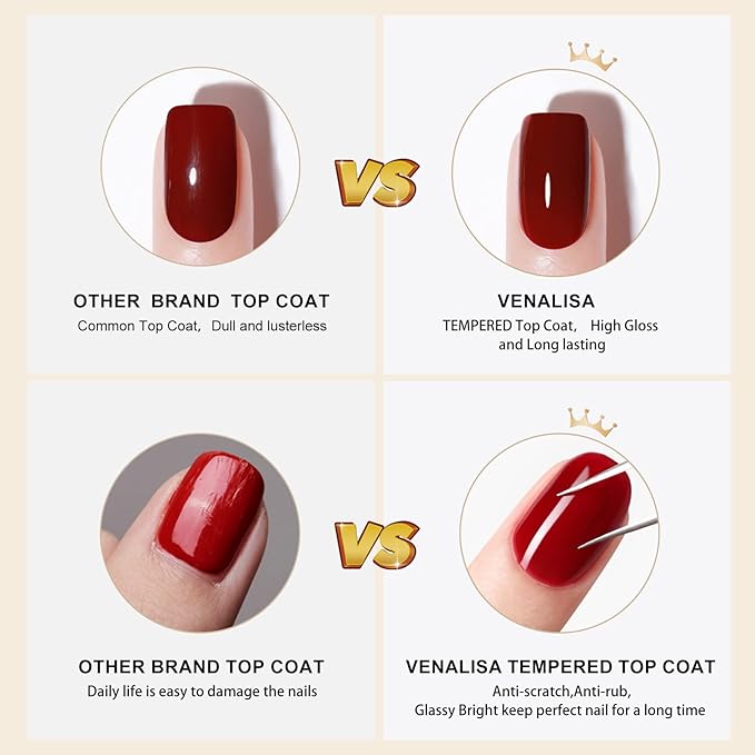 VENALISA 2 Pcs No Wipe Tempered Gel Top Coat and Base Coat Set Gel Nail Polish, Soak Off UV LED Nail Gel Polish Nail Art Starter Manicure Salon DIY at Home