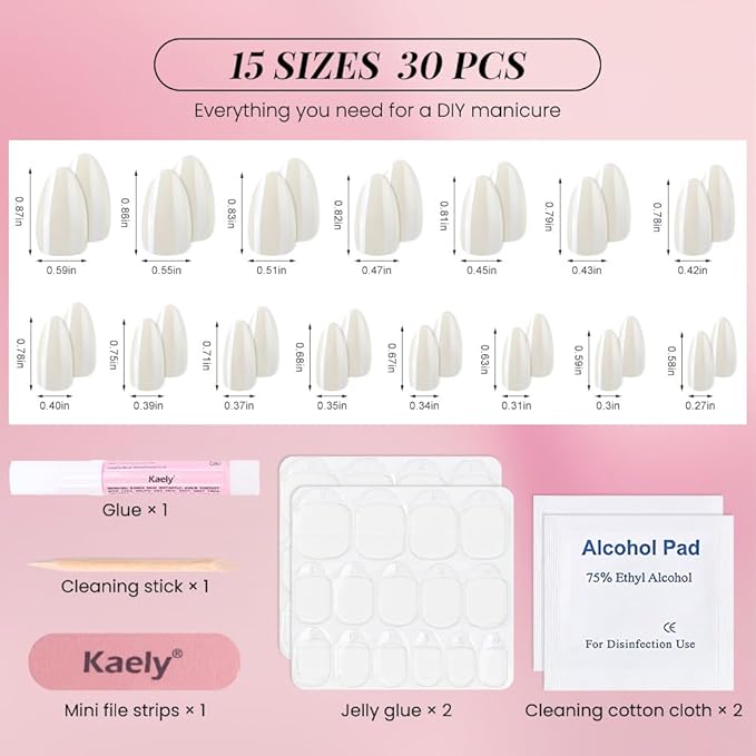 Press on Nails Short Almond - White Chrome Glazed Glossy Press on Nail Tips Stick on Nails with Nail Kit for Gift, Reusable Stick On Nails in 15 Sizes - 30 Full Cover Acrylic Soft Gel Fake Nails Kit