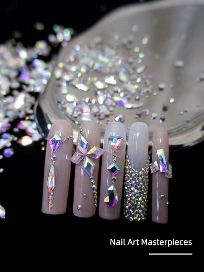 AB-Colored Nail Rhinestones for Nail, 5380Pcs AB Flatback Glass Nail Charms Gems Stones, 19 Types of Shaped Nail Art Rhinestones Kit with Tweezers, 6 Sizes for Decoration