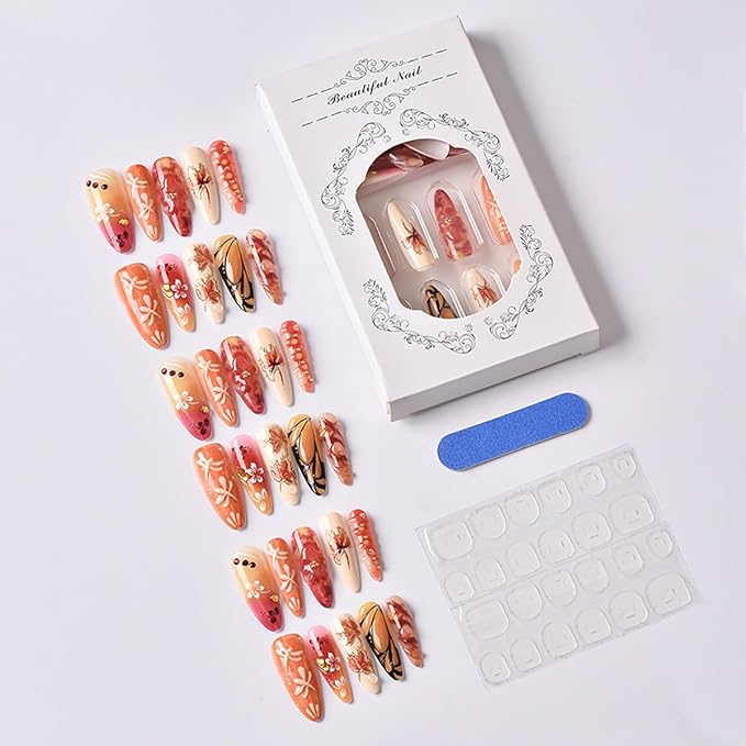 30Pcs Fall Press on Nails Long Almond Fake Nails Gilding Red Maple Leaf False Nails with 3D Flower Gems Design Thanksgiving Stick on Nails Full Cover Artificial Glue on Nail for Women Autumn DIY Kit