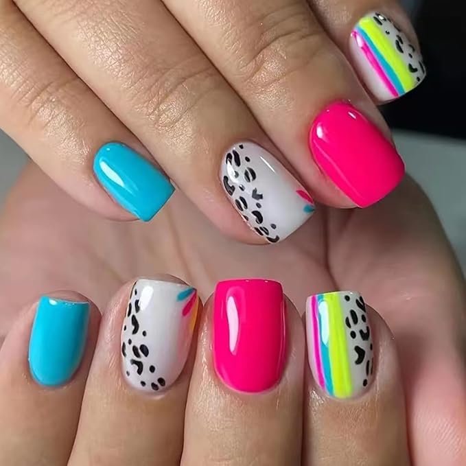 Press on Nails Short - Square Fake Nails with Colorful Line Design - Glossy Full Cover Stick on Nails - for Women 24 Pcs